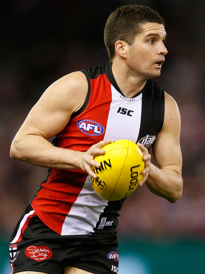 AFL 2015 Rd 22 - St Kilda v Sydney iMELBOURNE, AUSTRALIA - AUGUST 30: Leigh Montagna of the Saints in action during the 2015 AFL round 22 match between the St Kilda Saints and the Sydney Swans at Etihad Stadium, Melbourne, Australia on August 30, 2015. (Photo by Adam Trafford/AFL Media)